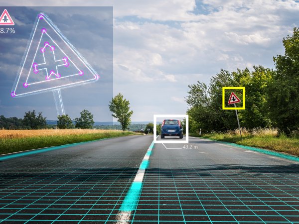 Autonomous self-driving car is recognising road signs. Computer vision and artificial intelligence concept.