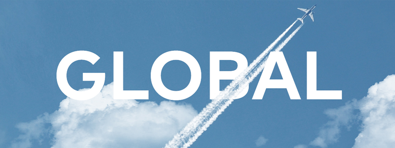 A plane flies through the sky, the image intersected by the word 'Global'