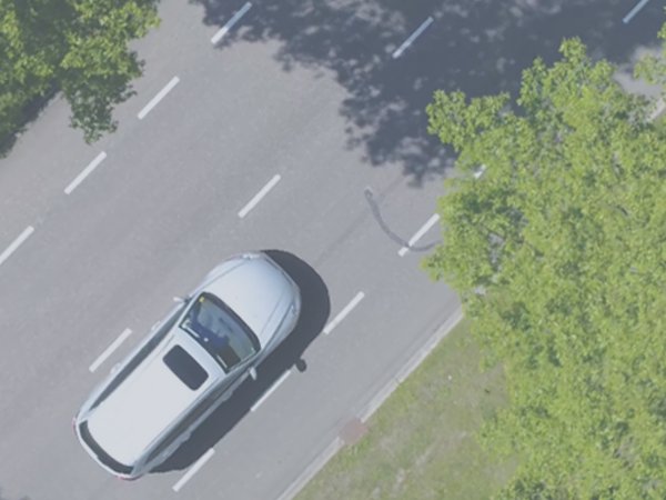 A birds-eye-view of a car driving along a leafy road in the sun