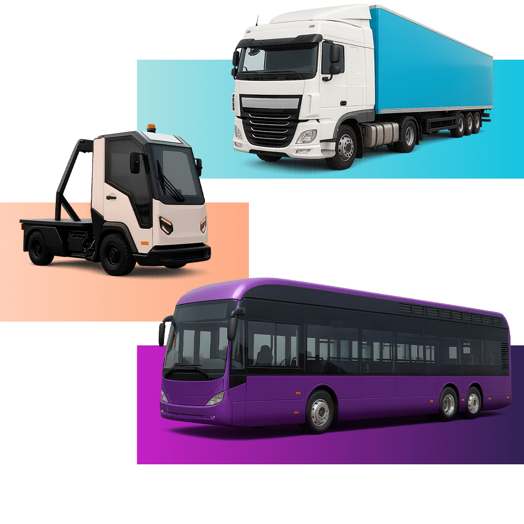 A lorry, a port vehicle and a bus.