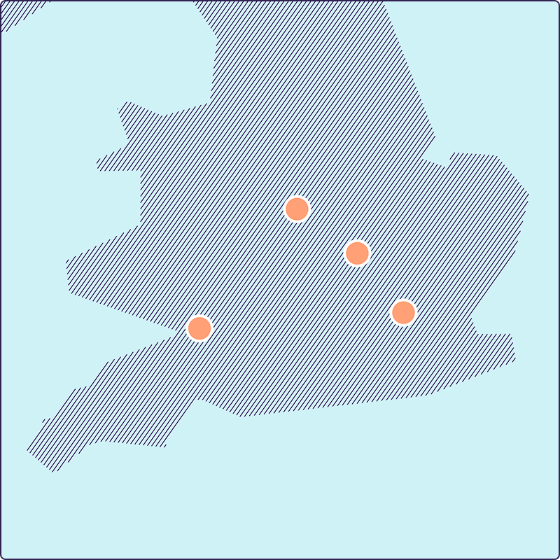 A map of the UK showing four locations