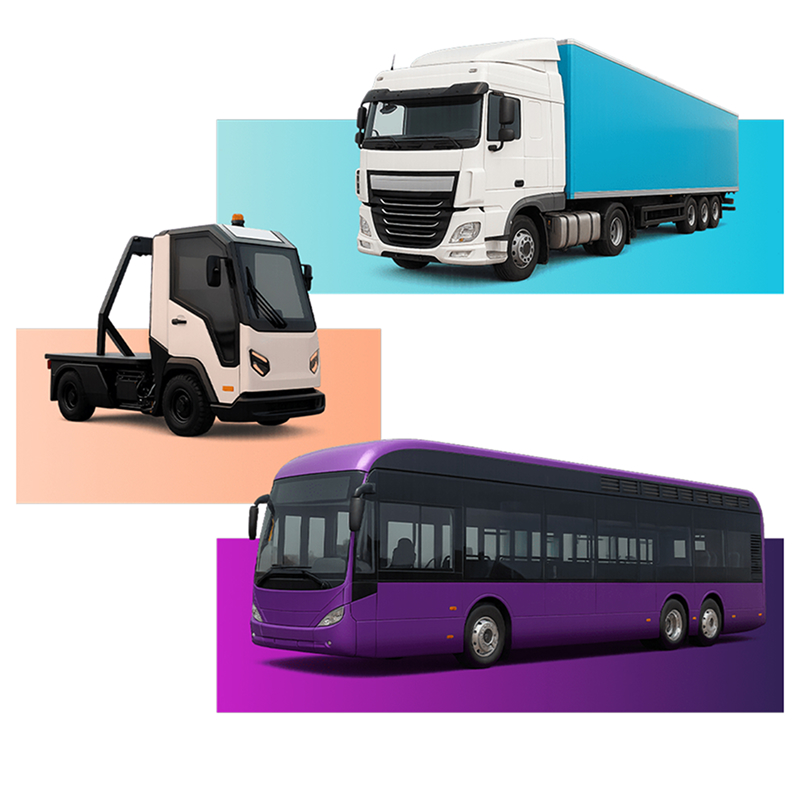 A diagram of three vehicles sitting across coloured blocks.
