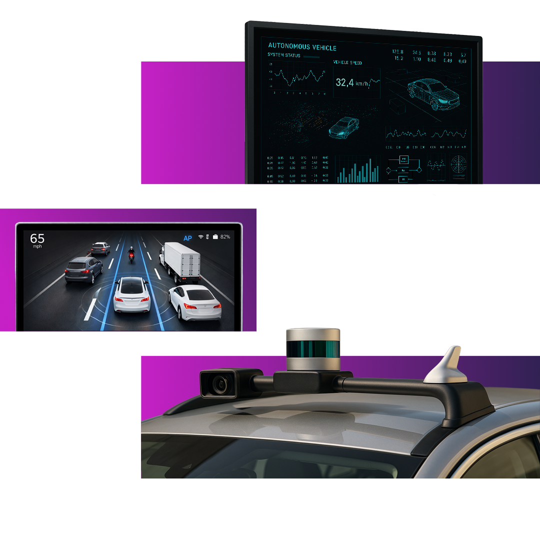 A digital screen, an in-car monitor and a sensor on the roof of a car.