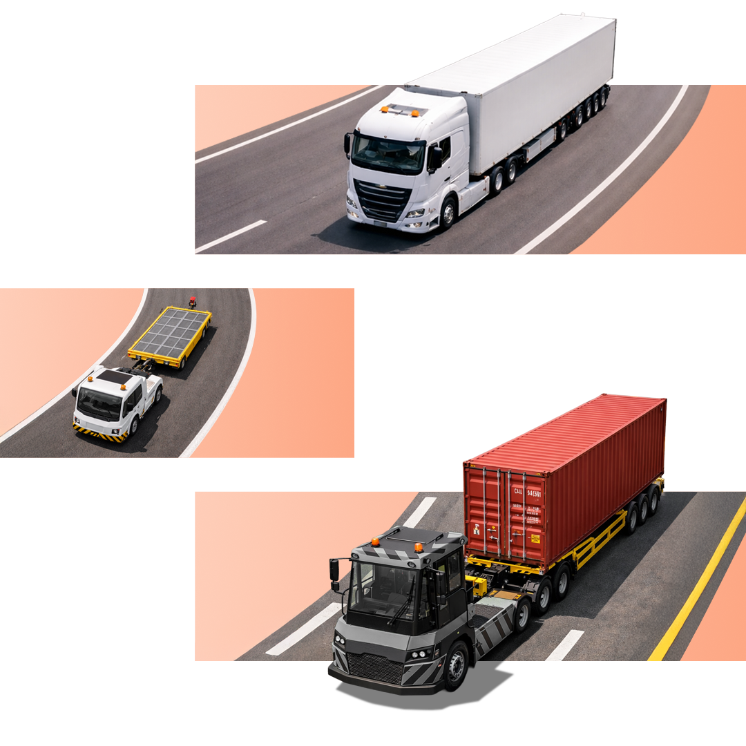 A lorry, an airport dolly vehicle and a shipping port tow truck