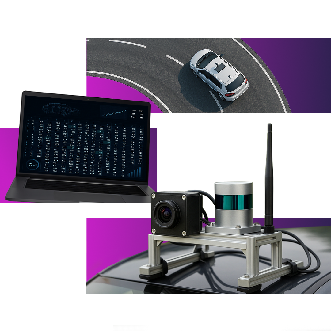 A car on a test track, a computer screen and a prototype camera and sensor on the roof of a car